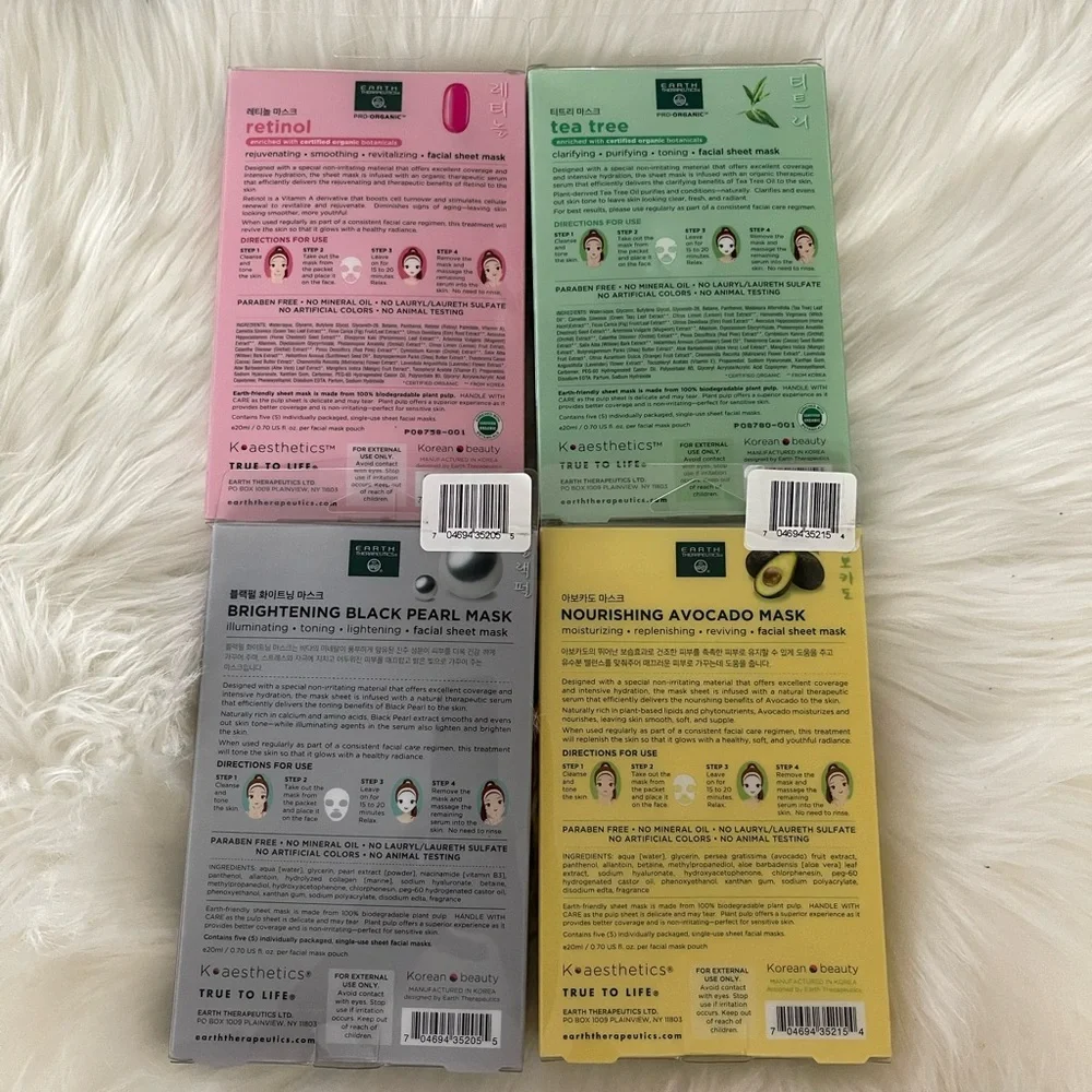 4 pack 20 pieces Earth Therapeutics Facial Sheet Skin Masks From Korea